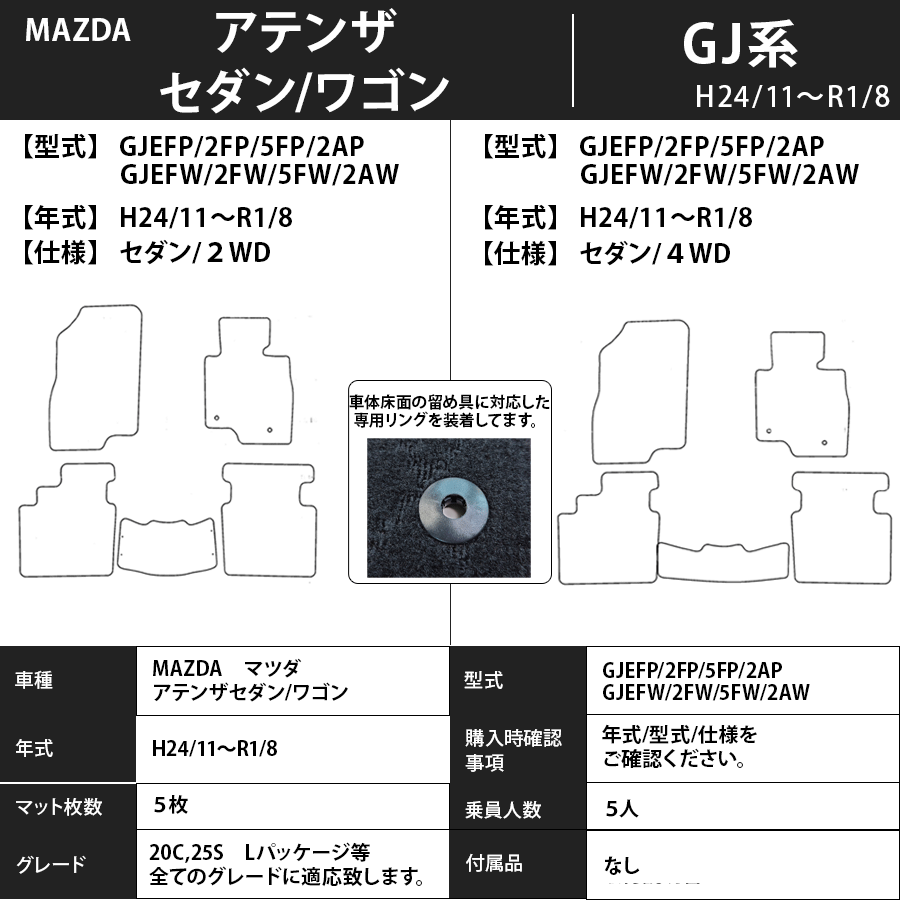フロアマット　マツダ　MAZDA　アテンザセダン/アテンザワゴン　GJ系　H24/11～R1/8　カーマット　抗菌　抗ウイルス　消臭　プレミアムタイプ