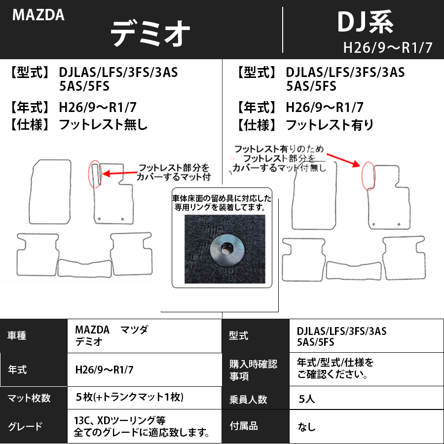 フロアマット　マツダ　MAZDA　デミオ　DAMIO　ＤＪ系　H26/9～R1/7　※ガソリン/ディーゼル対応　カーマット　抗菌　消臭　スタンダードタイプ