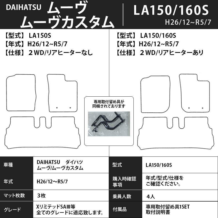 フロアマット　ダイハツ　DAIHATSU　ムーヴ/ムーヴカスタム　LA150/160S　H26/12～R5/7　カーマット　抗菌　抗ウイルス　消臭　プレミアムタイプ