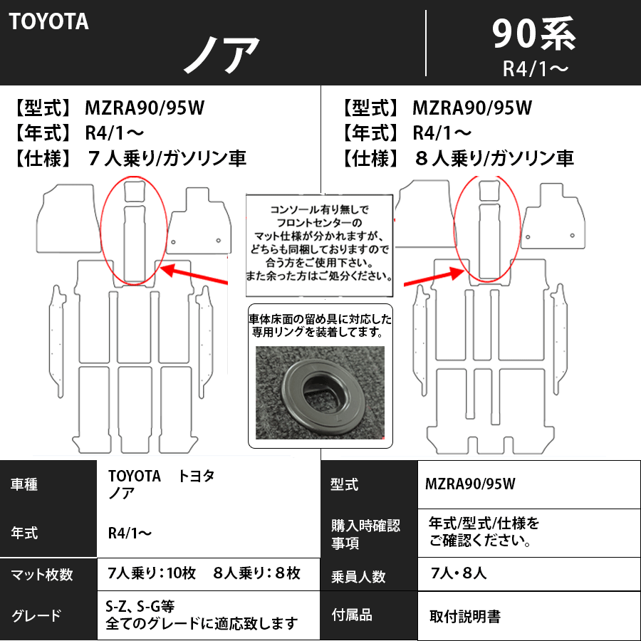 フロアマット　トヨタ　ＴＯＹＯＴＡ　ノア　ＮＯＡＨ　90系　R4/1～　トランク・ステップ付き　カーマット　抗菌　抗ウイルス　消臭　　スタンダードタイプ