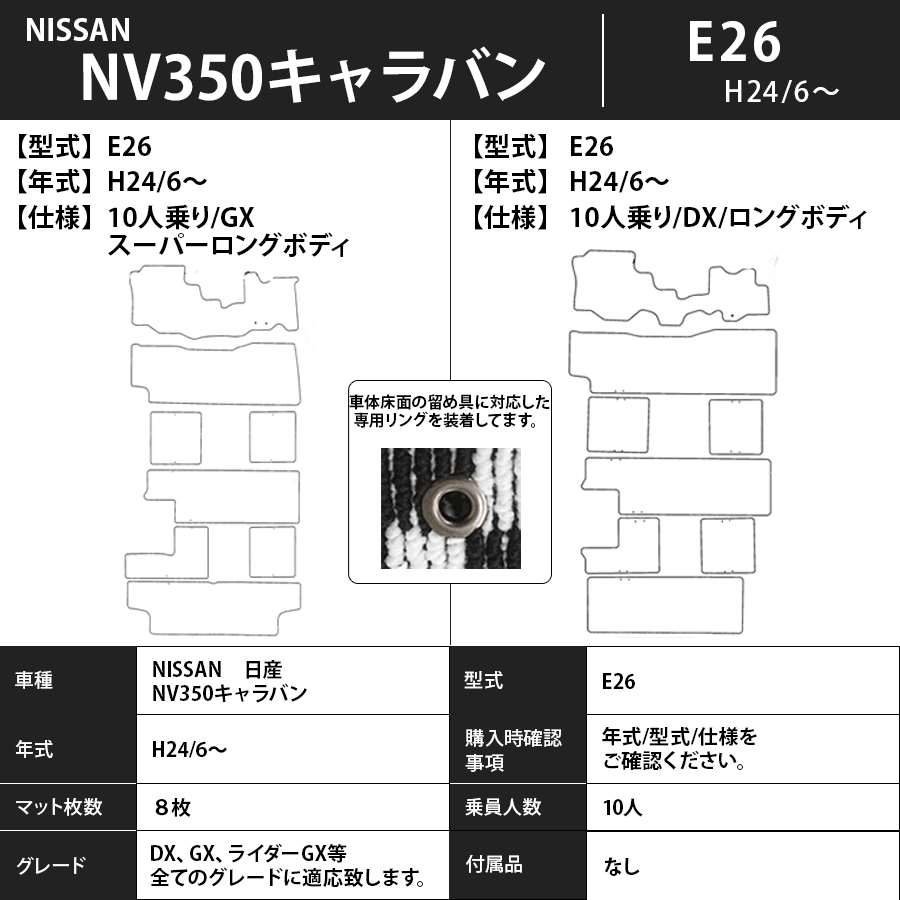 フロアマット　日産　NISSAN　NV350キャラバン　E26　H24/6～　10人/標準　カーマット　抗菌　抗ウイルス　消臭　スタンダードタイプ