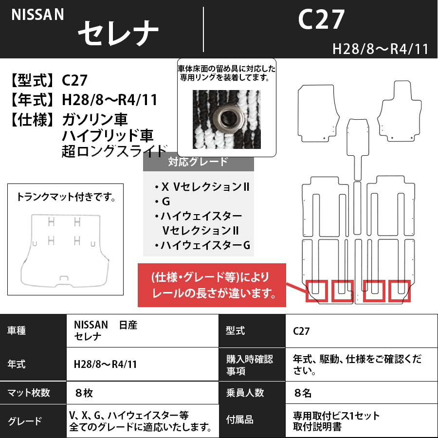 フロアマット　日産　NISSAN　セレナ　SERENA　C27　H28/9～R4/11　カーマット　抗菌　抗ウイルス　消臭　トランクマット付　エコノミータイプ