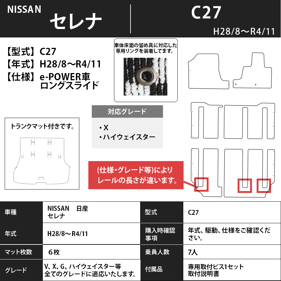 フロアマット　日産　NISSAN　セレナ　SERENA　C27　H28/9～R4/11　カーマット　抗菌　抗ウイルス　消臭　トランクマット付　エコノミータイプ