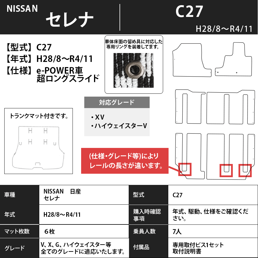 フロアマット　日産　NISSAN　セレナ　SERENA　C27　H28/9～R4/11　カーマット　抗菌　抗ウイルス　消臭　トランクマット付　エコノミータイプ